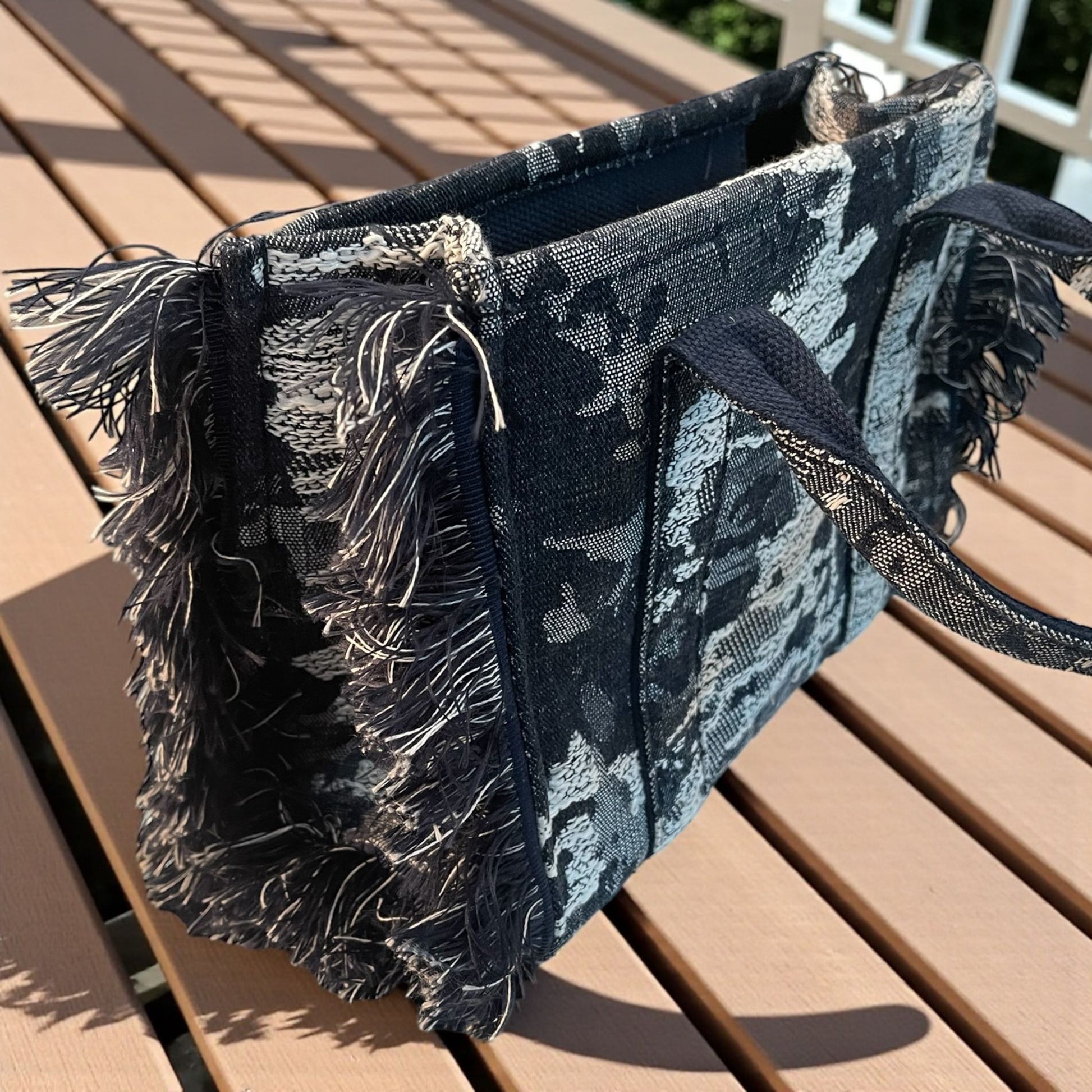 Sac en coton en tissu denim avec fermeture éclair et franges latérales - L'autre mode