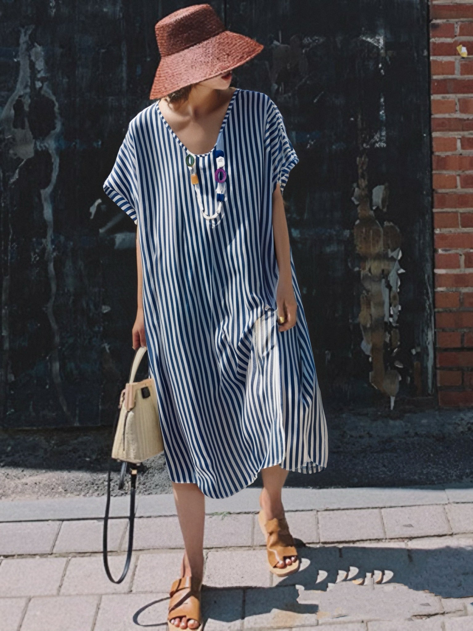 Tunique Robe Rayure Col V À Collier - L'autre mode