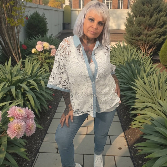 Veste chemise manches courtes( dentelle et jeans) - L'autre mode