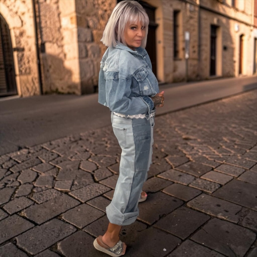 Veste jeans courte fleurs des îles - L'autre mode