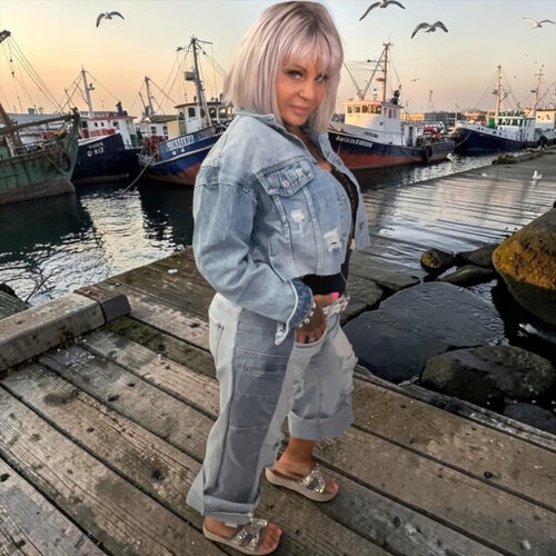 Veste jeans courte fleurs des îles - L'autre mode