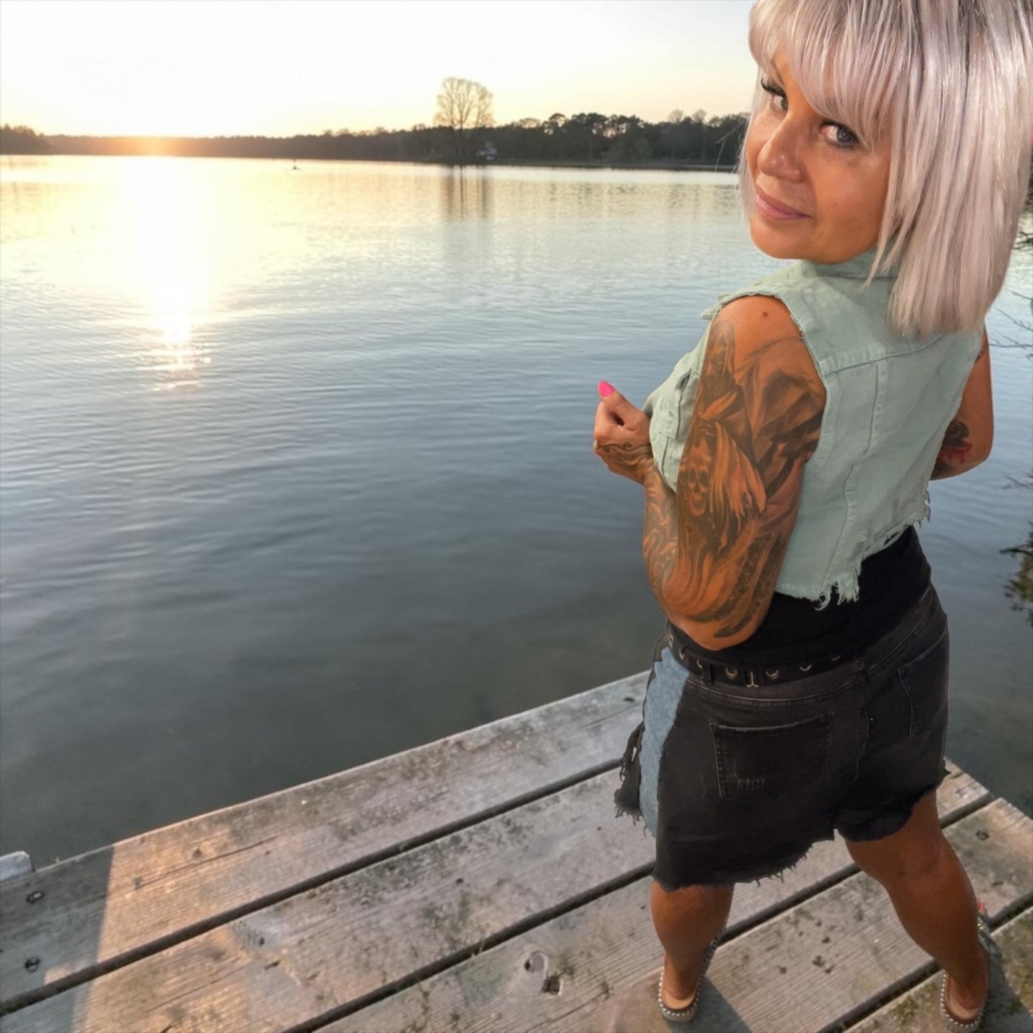 Veste sans manche en jeans crunchy céladon - L'autre mode