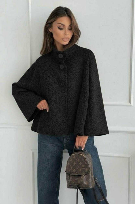 Veste Style Poncho A Gros Boutons Noirs En Laine Bouclé - L'autre mode